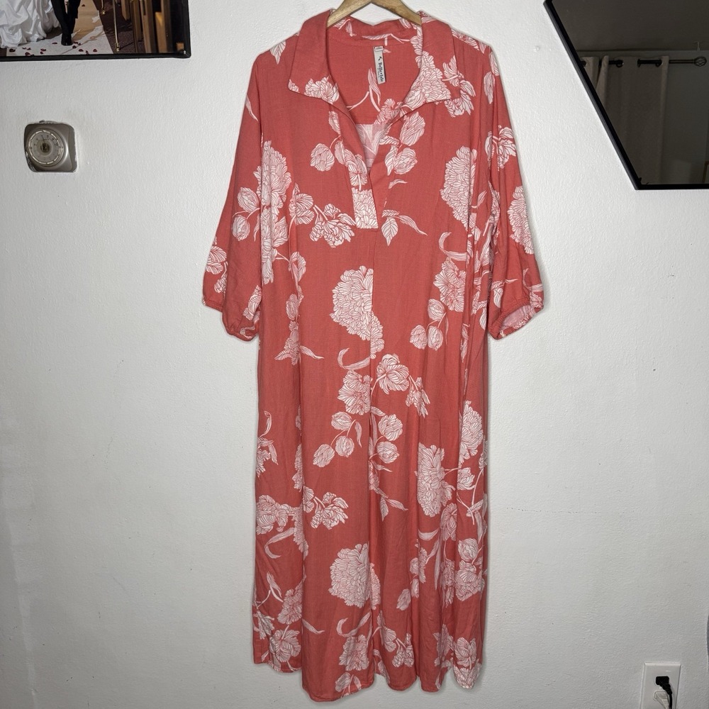 Torrid Belle Isle Collared Linen Viscose Blend Maxi Dress Floral Peach Womens 2X